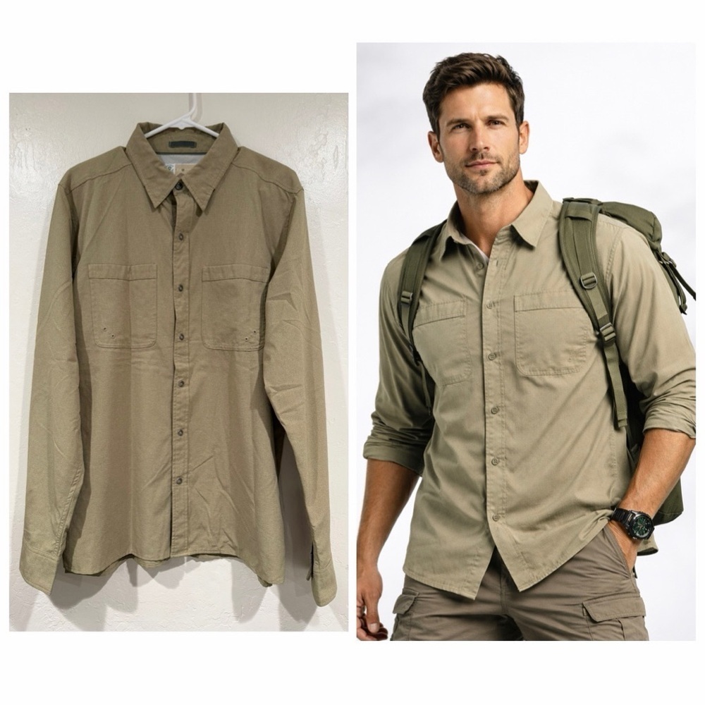 Exofficio Men's Tan Insect Shield Long Sleeve Button Up Shirt size M